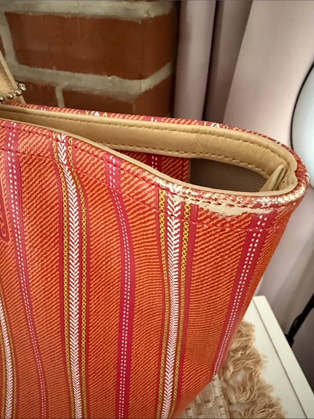 Coach Pink and Orange Striped Canvas Tote with Tan Leather Handles - Picture 8 of 8